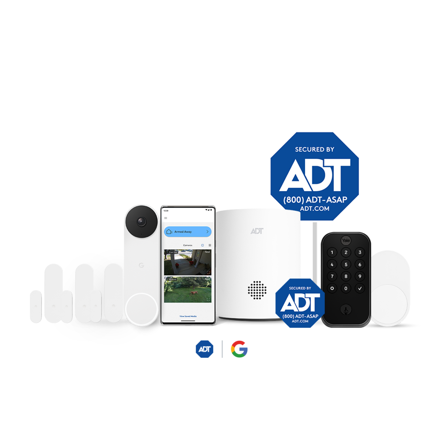 Front Door Protection package consisting of ADT door/window sensors, Google Nest Doorbell, ADT app, ADT hub, ADT motion sensor, ADT sign, ADT window sticker