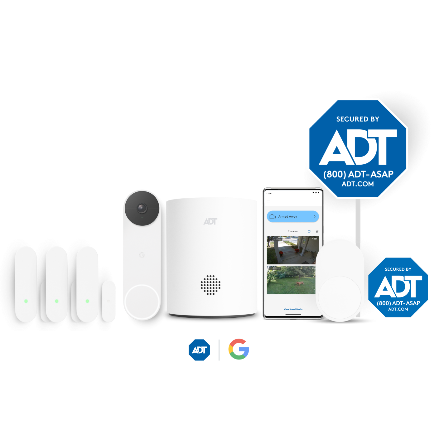 Video Essentials package  consisting of ADT door/window sensors, Google Nest Doorbell, ADT hub, ADT app,  ADT motion sensor, ADT sign, ADT window sticker