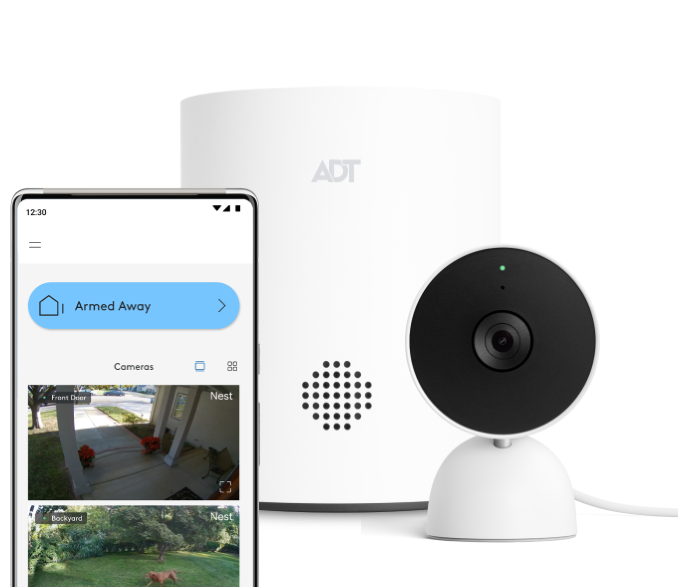 ADT Hub and the ADT Plus App on a phone with Google Indoor Cam