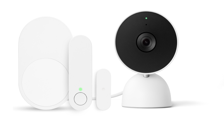 Image of ADT motion sensor, door/window sensors and Google indoor camera