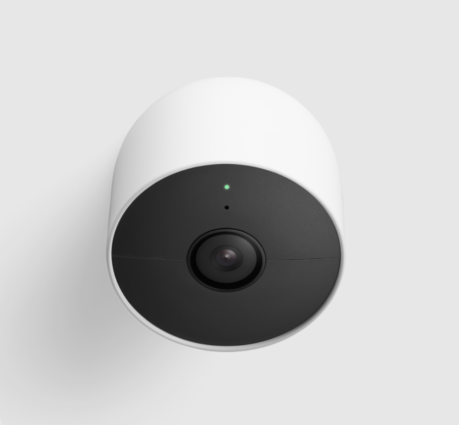 Google Nest Cam (outdoor or indoor, battery) on a grey background